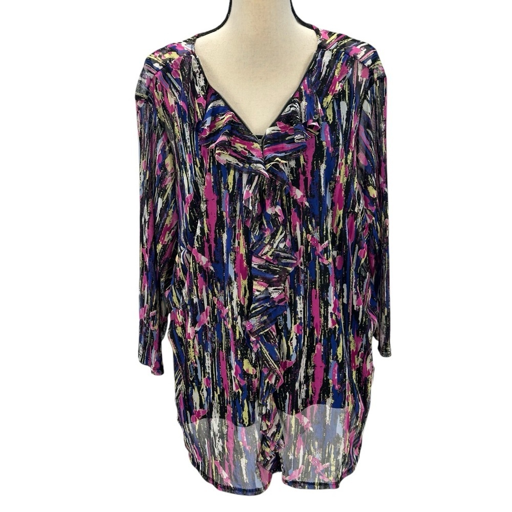 INC 3/4 Sleeve V-Neck Ruffle Front Sheer Blouse - Pink Purple - size 3X